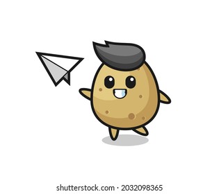 potato cartoon character throwing paper airplane , cute style design for t shirt, sticker, logo element