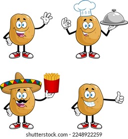 Potato Cartoon Character. Vector Hand Drawn Collection Set Isolated On Transparent Background