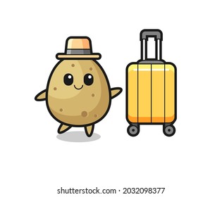 potato cartoon illustration with luggage on vacation , cute style design for t shirt, sticker, logo element