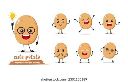 potato cartoon with many expressions. different vegetable activity vector illustration flat design. smart potato for children story book.