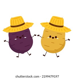 Diseño de caracteres de papa. Caricatura de papa y batata sobre fondo blanco. Sombrero de granjero. Vector de sombrero campesino.