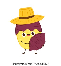 Potato character design. Sweet potato cartoon on white background. Farmer hat. Peasant hat vector.