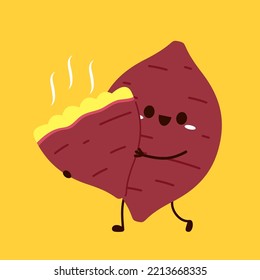 Potato character design. Sweet potato cartoon on yellow background. Roasted sweet potato