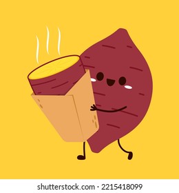 Potato character design. Sweet potato cartoon on yellow background. Roasted sweet potato