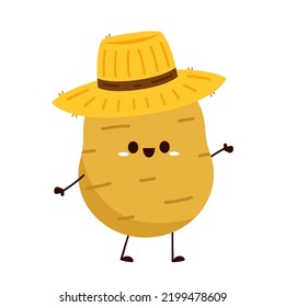 Diseño de caracteres de papa. Vector de papa. Caricatura de papa sobre fondo blanco. Sombrero de granjero. Vector de sombrero campesino.