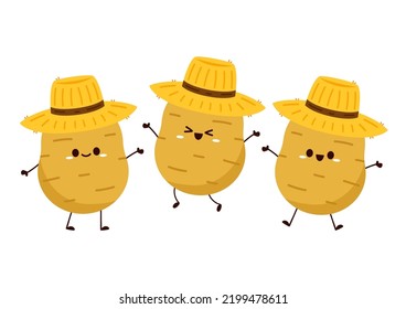 Diseño de caracteres de papa. Vector de papa. Caricatura de papa sobre fondo blanco. Sombrero de granjero. Vector de sombrero campesino.