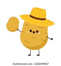 Diseño de caracteres de papa. Vector de papa. Caricatura de papa sobre fondo blanco. Sombrero de granjero. Vector de sombrero campesino.