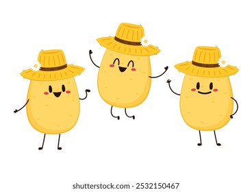 Potato character design. Potato vector. Potato cartoon on white background. Farmer hat. Peasant hat vector.