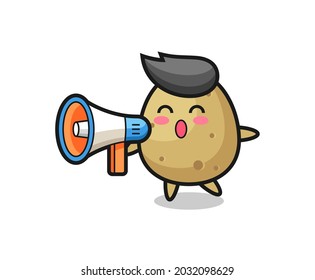 potato character illustration holding a megaphone , cute style design for t shirt, sticker, logo element