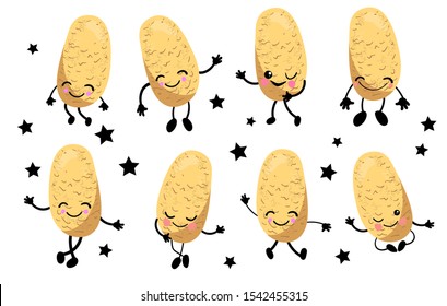 Potato character. Isolated on a white background. Big set of cartoon vegetables with arms m legs