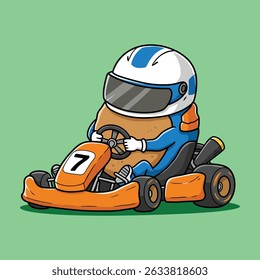 A potato character wearing a racing helmet and suit, driving a go-kart with the number seven on it.