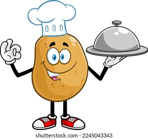 Potato Chef Cartoon Character Gesturing Ok And Holding A Silver Platter. Vector Hand Drawn Illustration Isolated On Transparent Background