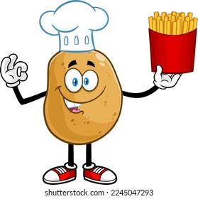 Potato Chef Cartoon Character Gesturing Ok And Holding Up A French Fries. Vector Hand Drawn Illustration Isolated On Transparent Background