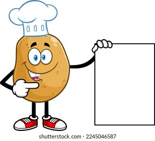 Potato Chef Cartoon Character Pointing To A Blank Sign. Vector Hand Drawn Illustration Isolated On Transparent Background