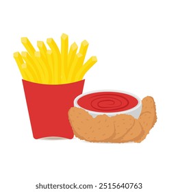 Batata e nuggets de frango com ketcup em um fundo branco.Ilustração vetor. 