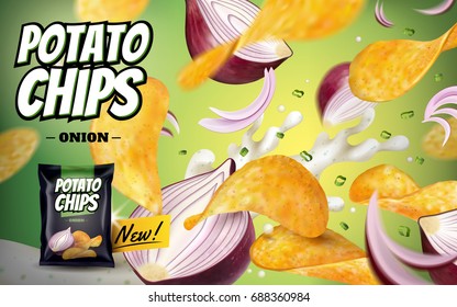 Potato chip ads, tasty seasoned chips flying in the air with purple onions and yogurt isolated on green background in 3d illustration