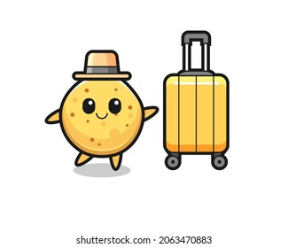 potato chip cartoon illustration with luggage on vacation , cute design