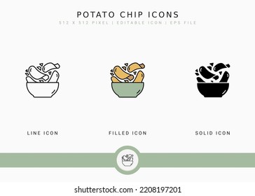 Potato Chip Icons set vector illustration with solid icon line style. Crisp Snack concept. Editable stroke icon on isolated background for web design, user interface, and mobile application 