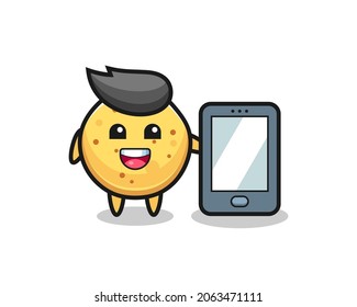 potato chip illustration cartoon holding a smartphone , cute design