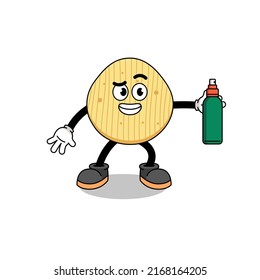potato chip illustration cartoon holding mosquito repellent , character design