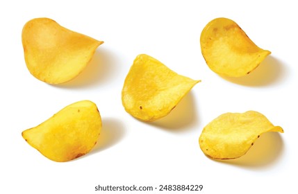 Potato chip lying with shadow. Realistic 3d vector illustration set of crisp fried or baked snack. yellow wavy crunchy salty slice. Unhealthy fast food. isolated junk appetizer dish with spice.