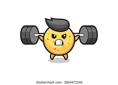 potato chip mascot cartoon with a barbell , cute design