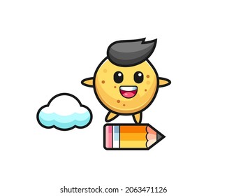 potato chip mascot illustration riding on a giant pencil , cute design