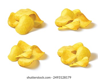 Potato chip pile. 3d realistic slice snack vector. Crisps food for advertising. Crunchy fat and salted meal set for party. Detailed spicy gourmet chips advertisement isolated on white background.