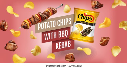 Potato chips ads. Vector realistic illustration with potato chips with BBQ kebab. Horizontal banner with product.