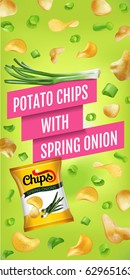 Potato chips ads. Vector realistic illustration of potato chips with spring onion. Vertical banner with product.