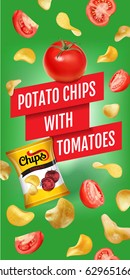 Potato chips ads. Vector realistic illustration of potato chips with tomatoes. Vertical banner with product.