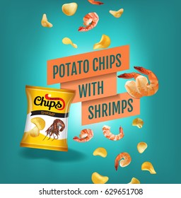 Potato chips ads. Vector realistic illustration of potato chips with shrimps. Poster with product.