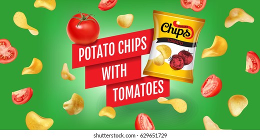 Potato chips ads. Vector realistic illustration of potato chips with tomatoes. Horizontal banner with product.