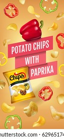 Potato chips ads. Vector realistic illustration of potato chips with paprika. Vertical banner with product.