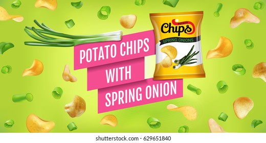 Potato chips ads. Vector realistic illustration of potato chips with spring onion. Horizontal banner with product.