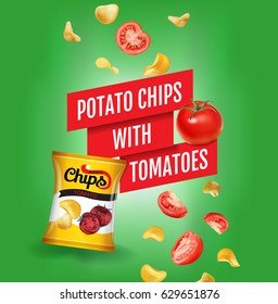 Potato chips ads. Vector realistic illustration of potato chips with tomatoes. Poster with product.