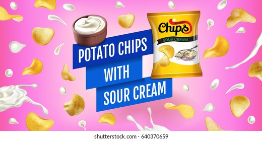 Potato chips ads. Vector realistic illustration of potato chips with sour cream. Horizontal banner with product.