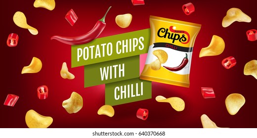 Potato chips ads. Vector realistic illustration of potato chips with chilli. Horizontal banner with product.