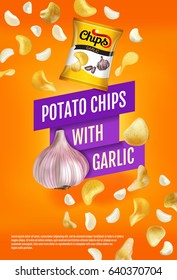 Potato chips ads. Vector realistic illustration with potato chips with garlic. Vertical poster with product.