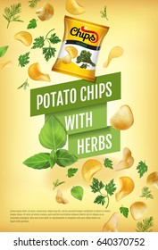 Potato chips ads. Vector realistic illustration with potato chips with herbs. Vertical poster with product.