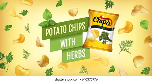 Potato chips ads. Vector realistic illustration of potato chips with herbs. Horizontal banner with product.