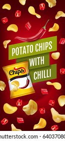 Potato chips ads. Vector realistic illustration with potato chips with chilli. Vertical banner with product.