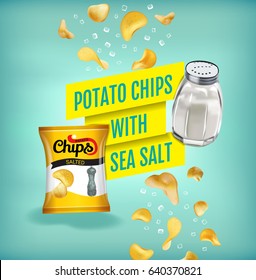 Potato chips ads. Vector realistic illustration with potato chips with sea salt. Poster with product.