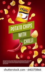 Potato chips ads. Vector realistic illustration with potato chips with chilli. Vertical poster with product.