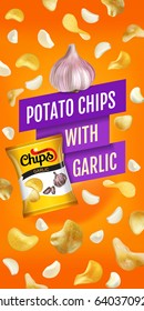 Potato chips ads. Vector realistic illustration with potato chips with garlic. Vertical banner with product.