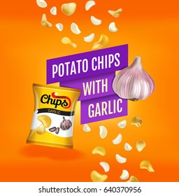 Potato chips ads. Vector realistic illustration with potato chips with garlic. Poster with product.