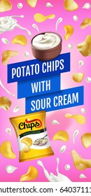 Potato chips ads. Vector realistic illustration with potato chips with sour cream. Vertical banner with product.
