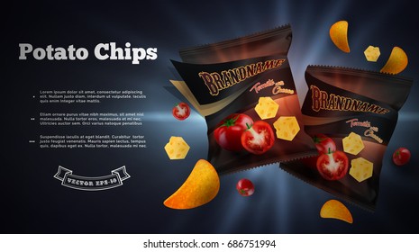 Potato chips ads. Vector realistic illustration of potato with tomatoes and cheese flavor. Horizontal banner with two chips package.