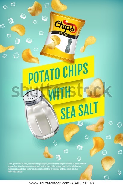 ポテトチップスの広告 ポテトチップスと海塩を使ったベクターリアルなイラスト 製品と縦書きポスター のベクター画像素材 ロイヤリティフリー