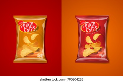 Bolsa publicitaria de patatas fritas, sabor clásico a sal y pimienta y sabor picante chile.